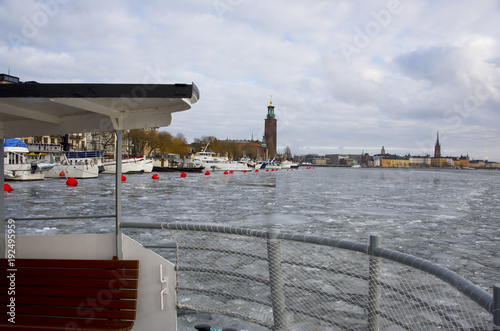 Stockholm City Town Hall a gray winter day, seen from a ferry  photo