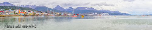 Panorama of Ushuaia city with Beagle channel and mountains