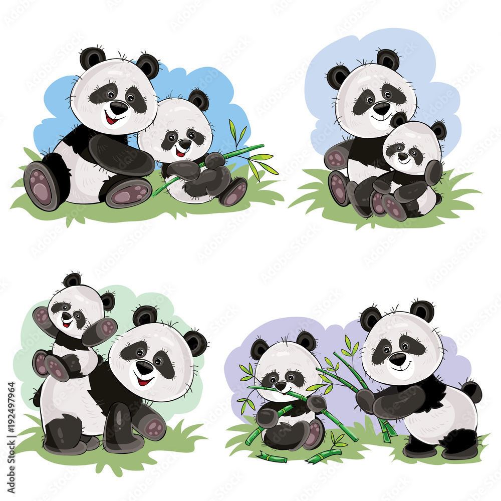 Cute baby panda bear and its mother playing on grass, eating bamboo stems  and leaves, vector cartoon illustration. Wild animal funny characters for  kids books, t-shirt print, cards, posters for zoo Stock