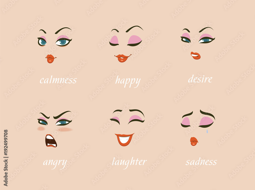 Obraz premium Woman character expressions set. calmness, happy, suspicion, fear, angry, laughter, sadness, desire.