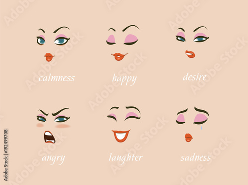 Woman character expressions set. calmness, happy, suspicion, fear, angry, laughter, sadness, desire.