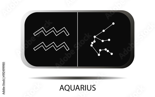 Vector. Simple geometric zodiac sign and constellation Aquarius on black background with title. Detailed stylish icon for cards. Modern style drawing