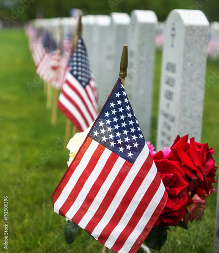 American flags and  tombstones at an American National Cemetery. photo