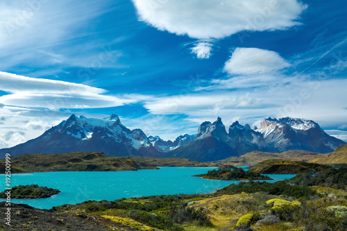 Pehoe lake and Guernos mountains beautiful landscape, national park Torres del Paine, Patagonia, Chile, South America 