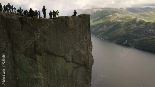 Aerial view from drone on breathtaking lysefjord during the rain. Cloudy sky. 4k footage, drone view. Preikestolen, Norway.