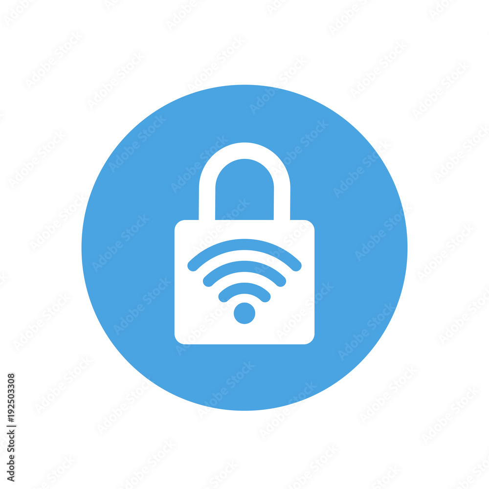 Lock icon. Padlock sign. WiFi. Protected wi-fi. Vector illustration. Flat design. White on blue background. Lock icon. Padlock sign. WiFi. Protected wi-fi. Vector illustration. Flat design. White on blue background.