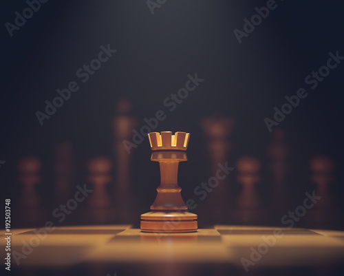 The rook in highlight. Pieces of chess game, image with shallow depth of field.