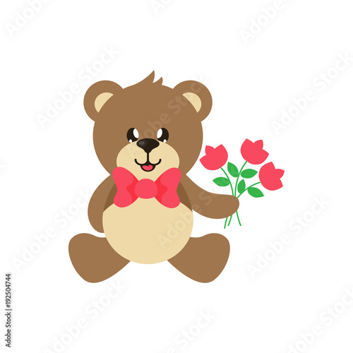 cartoon cute bear sitting with tie and flowers