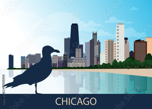 USA Urban Chicago city background with silhouette of sitting bird seagull, skyscrapers, lake Michigan and blue sky. Panorama, view, cityscape. Vector EPS 10