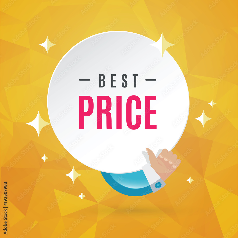 Web badge with pointed finger. Shopping conception banner in modern designe. Advertising template with place for text. Vector illustration