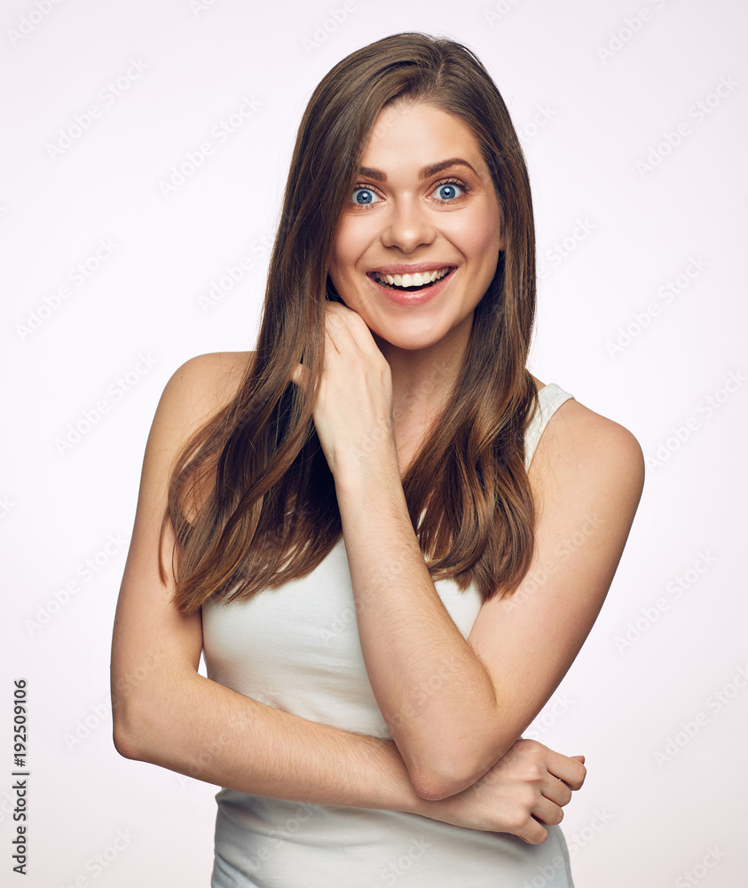 Happy surprising woman with long hair studio isolated portrait Happy surprising woman with long hair studio isolated portrait