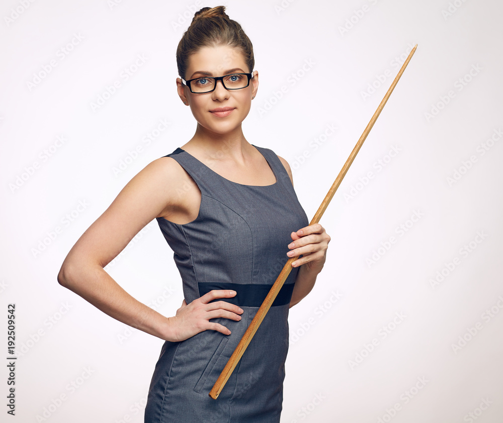 School woman teacher holding pointer. Isolated portrait School woman teacher holding pointer. Isolated portrait
