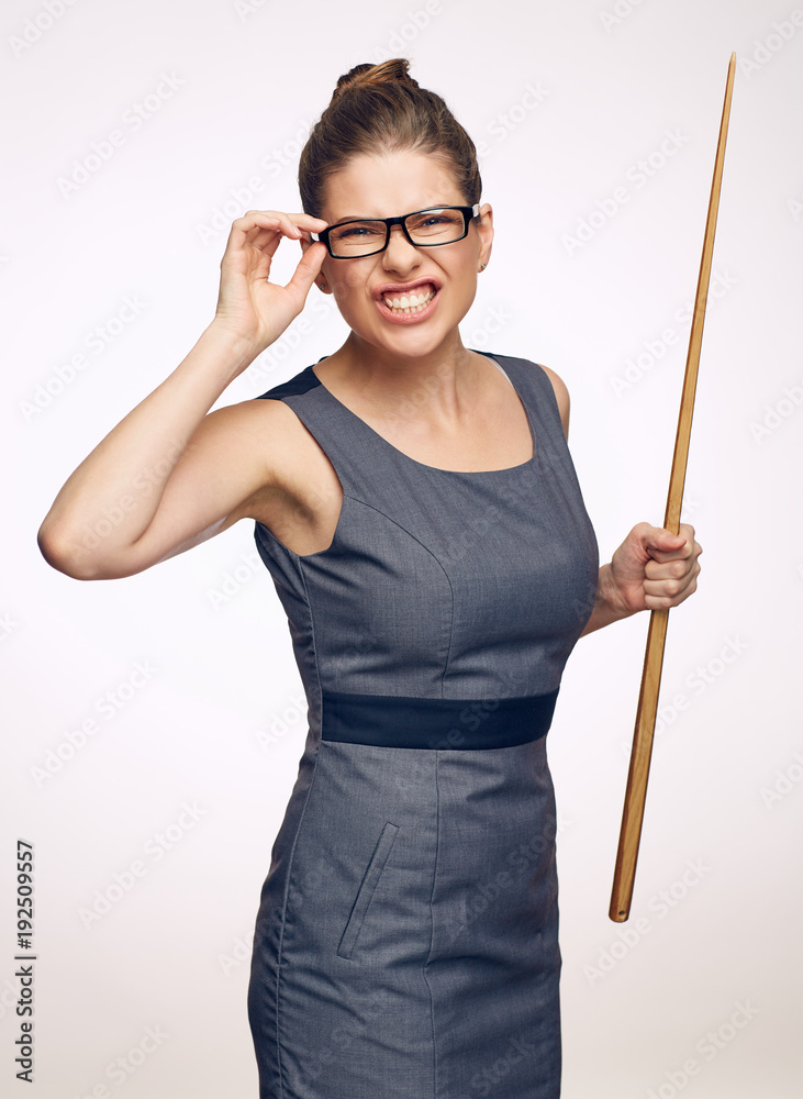 Pure evil emotion on isolated portrait of bad woman teacher. Pure evil emotion on isolated portrait of bad woman teacher.