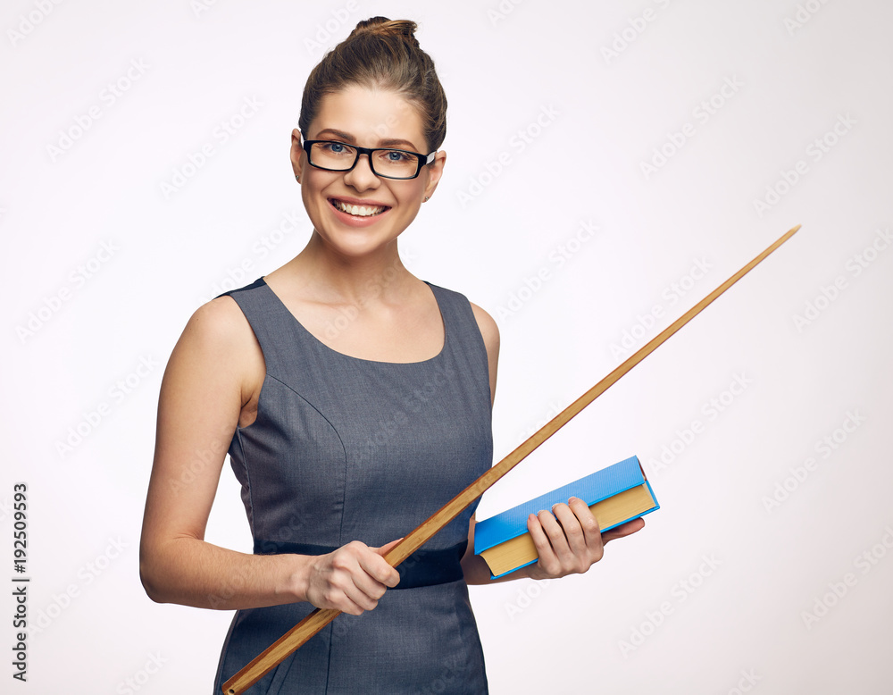 Smiling woman teacher holding book and wooden pointer. Smiling woman teacher holding book and wooden pointer.