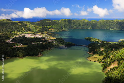 Lanscape from the volcanic crater lake of Sete Citades in Sao Miguel Island of Azores Portugal