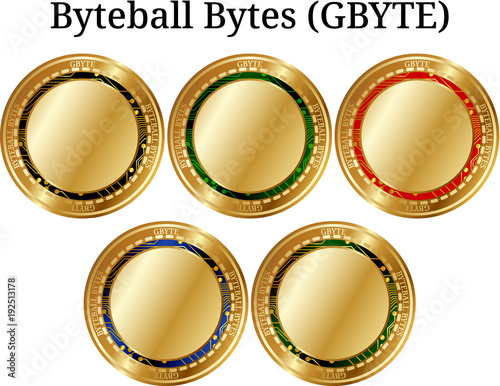 Set of physical golden coin Byteball-Bytes (GBYTE), digital cryptocurrency. Byteball-Bytes (GBYTE) icon set. 
