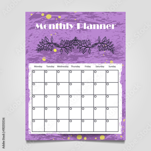 Colorful grunge monthly planner template design