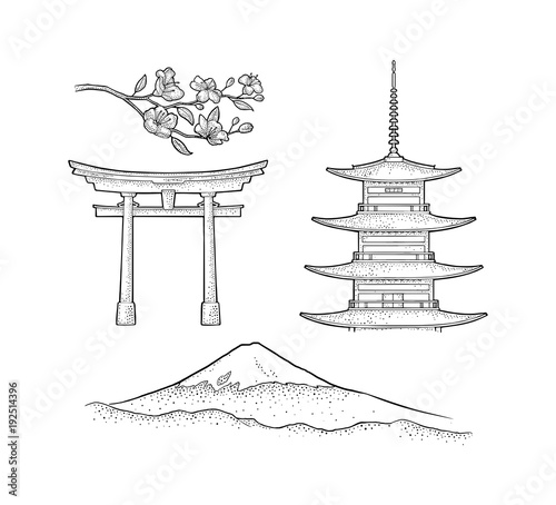 Mountain Fuji in Japan. Vintage black vector engraving illustration