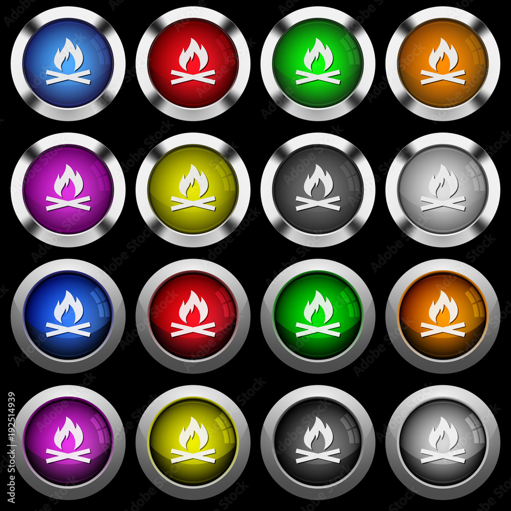Camp fire white icons in round glossy buttons on black background Camp fire white icons in round glossy buttons on black background