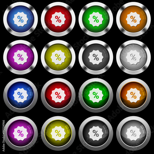 Discount sticker white icons in round glossy buttons on black background