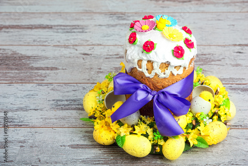 Happy Easter! Easter Cake - Russian and Ukrainian traditional kulich and colorful eggs. 