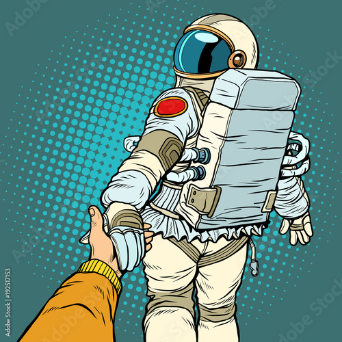 astronaut space travel follow me concept, couple love hand leads