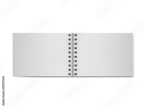 3D realistic model open notebook without hard cover. Horizontal organizer with clean page. Template of notepad or diary isolated on white background. Mockup of empty book with silver spiral
