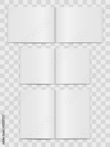 Vector mock up of open book isolated  on transparent background. 3d vertical, horizontal and square brochure page, notebook, magazine template with empty place for text. Realistic mockup for design