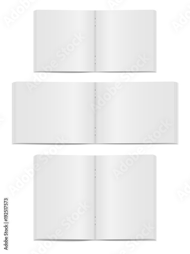 Vector mock up of open book on staples  isolated  on white background. 3d vertical, horizontal and square brochure page, notebook, magazine template with empty place for text. Realistic mockup set