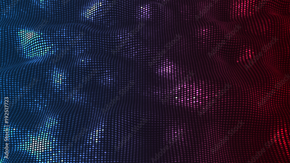 Abstract vector background. Retro 80's glowing dot 3D effect on dark background. Waving particles. Digital backdrop. Abstract vector background. Retro 80's glowing dot 3D effect on dark background. Waving particles. Digital backdrop.