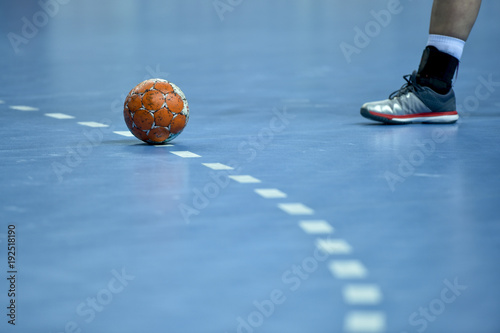 Handball ball lie on the 9 meters line on the pitch