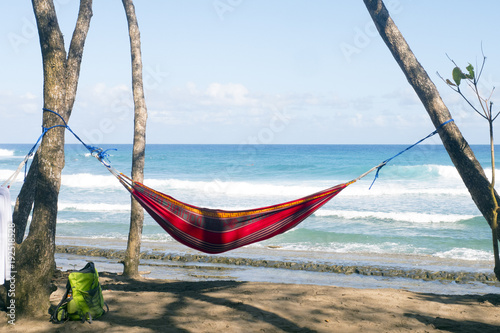 Hammock between palm trees on the background of the sea