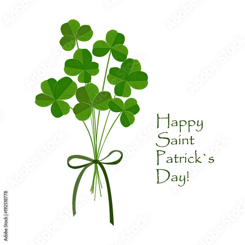 Green clover bouquet on white background. St Patrick day greeting card. Irish. Vector flat illustration.