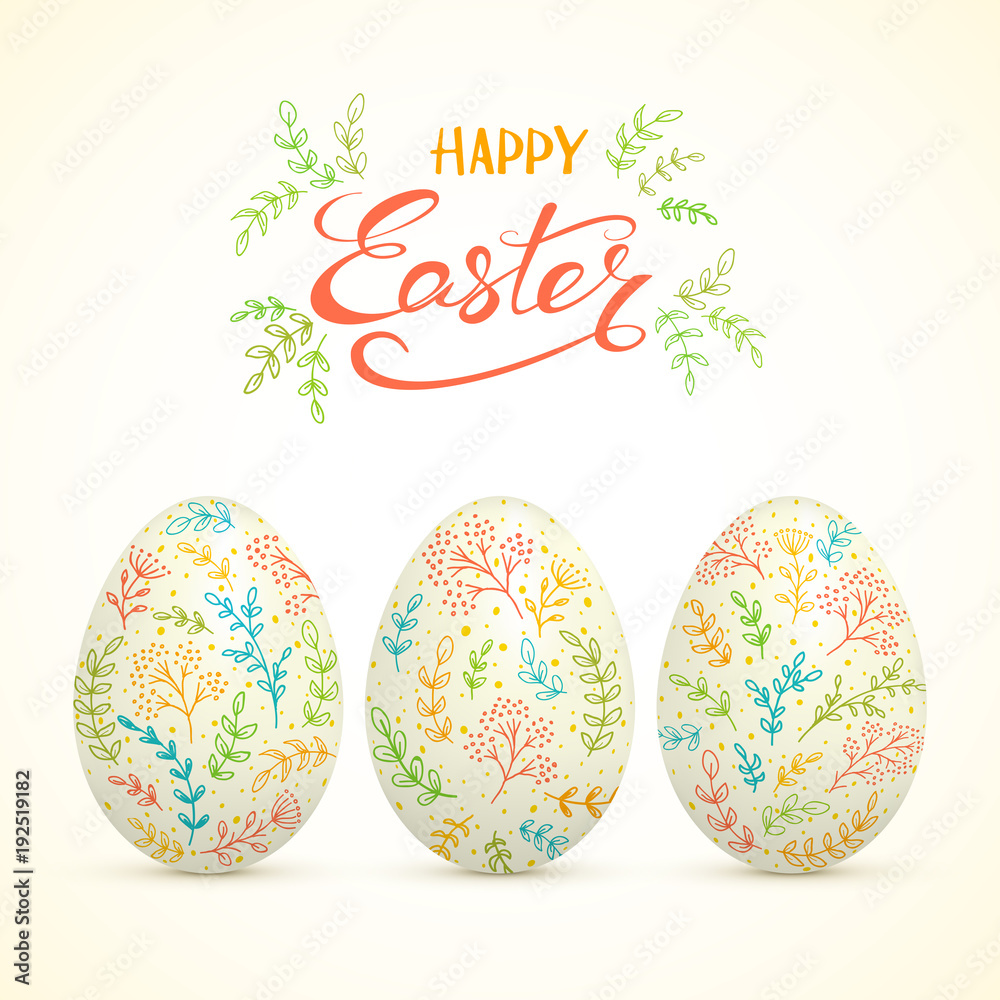Happy Easter and eggs with colorful floral elements