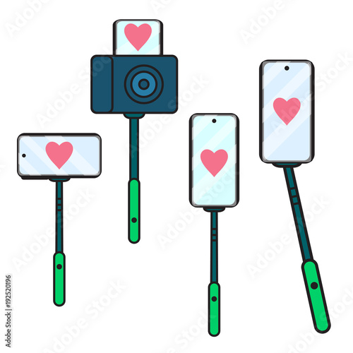Set selfie stick icon with heart. Vector illustration isolated. Concept sign a blogger broadcast in social networks.