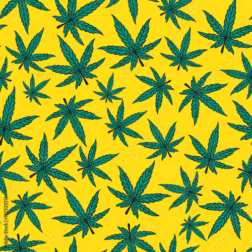 Seamless pattern Vector sheet of cannabis. Concept for a coffeeshop in Amsterdam. Isolated on bright yellow background.