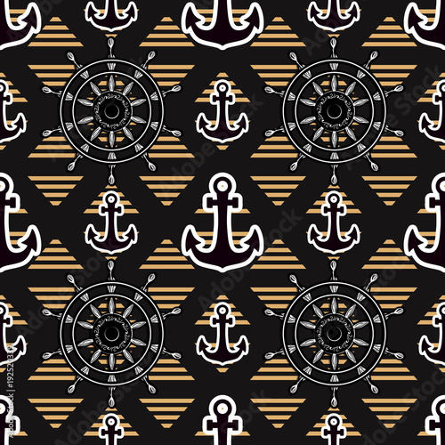 Dark design background. Anchor Wheel Vector seamless pattern isolated on black background. Male nautical texture decor.