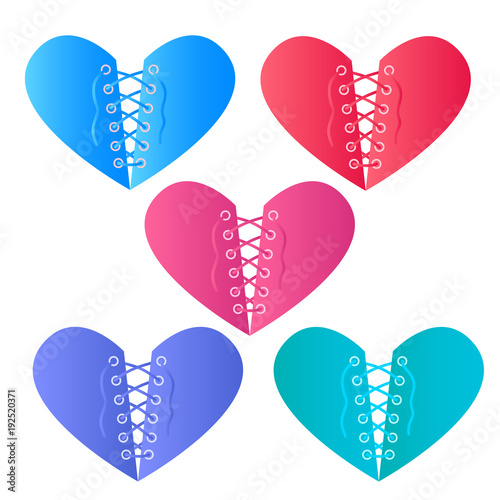 Set Hearts with lacing as a corset. Valentine's Day. Different color. Vector illustration isolated on white background.