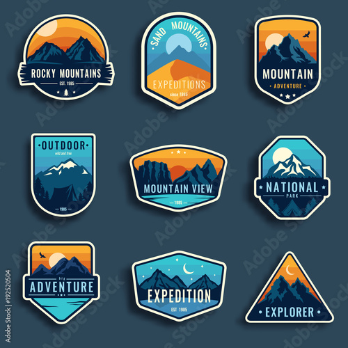 Set of nine mountain travel emblems. Camping outdoor adventure emblems, badges and logo patches. Mountain tourism, hiking. Forest camp labels in vintage style photo