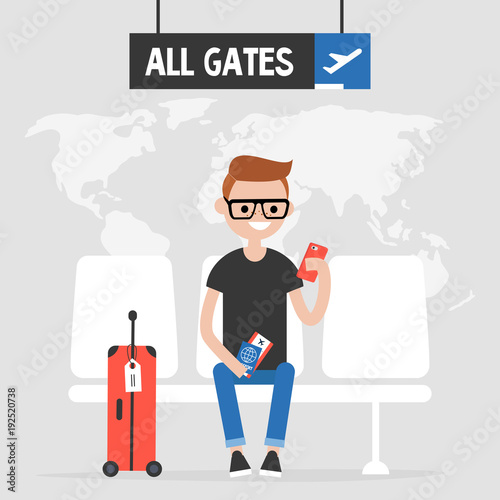 Airport. Young traveller waiting for a flight. Flat editable vector illustration, clip art