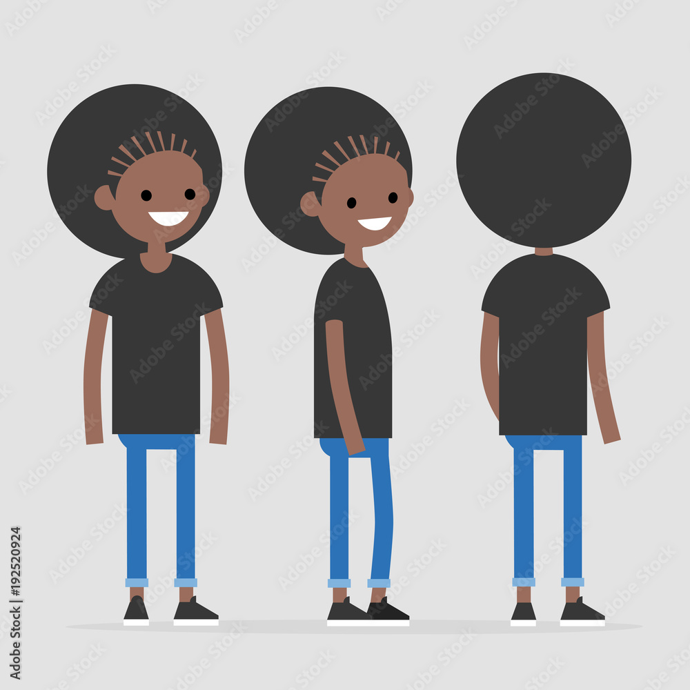 Set of young female smiling millennial character design. Front, side and back view. Flat editable vector illustration, clip art Set of young female smiling millennial character design. Front, side and back view. Flat editable vector illustration, clip art