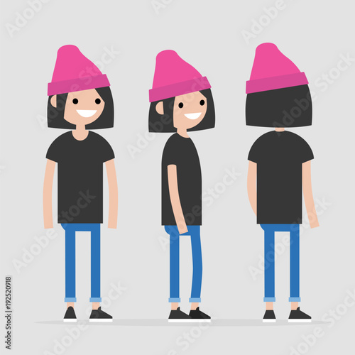 Set of young female smiling millennial character design. Front, side and back view. Flat editable vector illustration, clip art