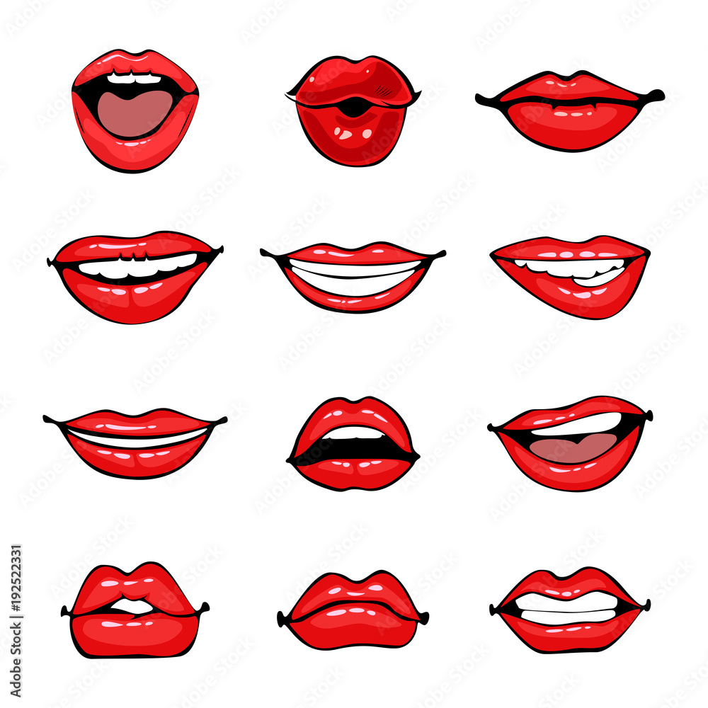 Vettoriale Stock Comic female lips set. Smile, angry, kiss, flirt open and  close mouth. Colorful vector illustration in pop art retro comic style. |  Adobe Stock