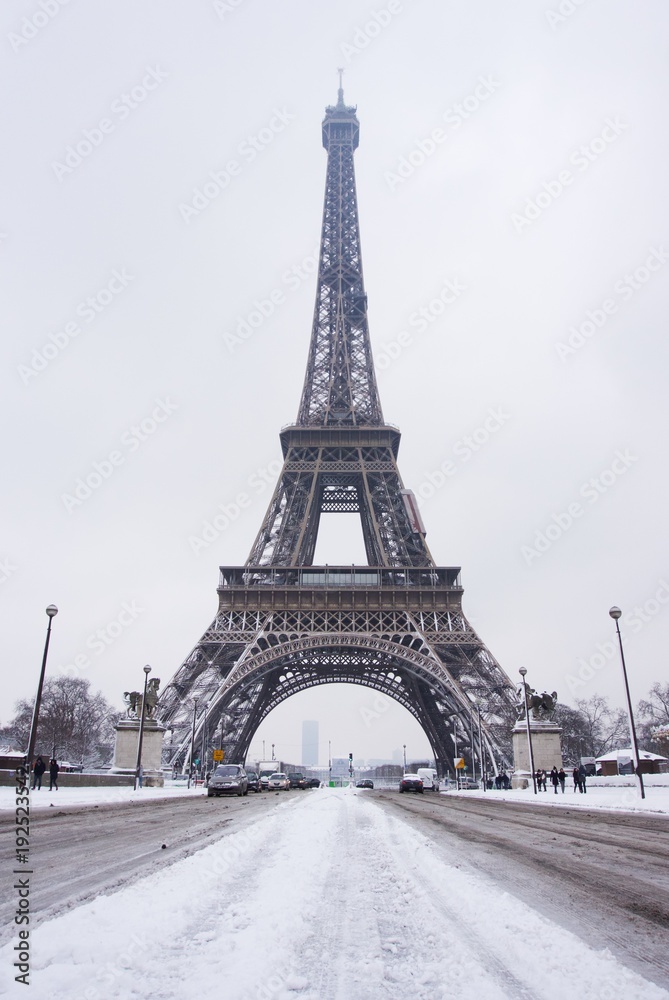 The Eiffel Tower from the Trocadero Bridge under snow