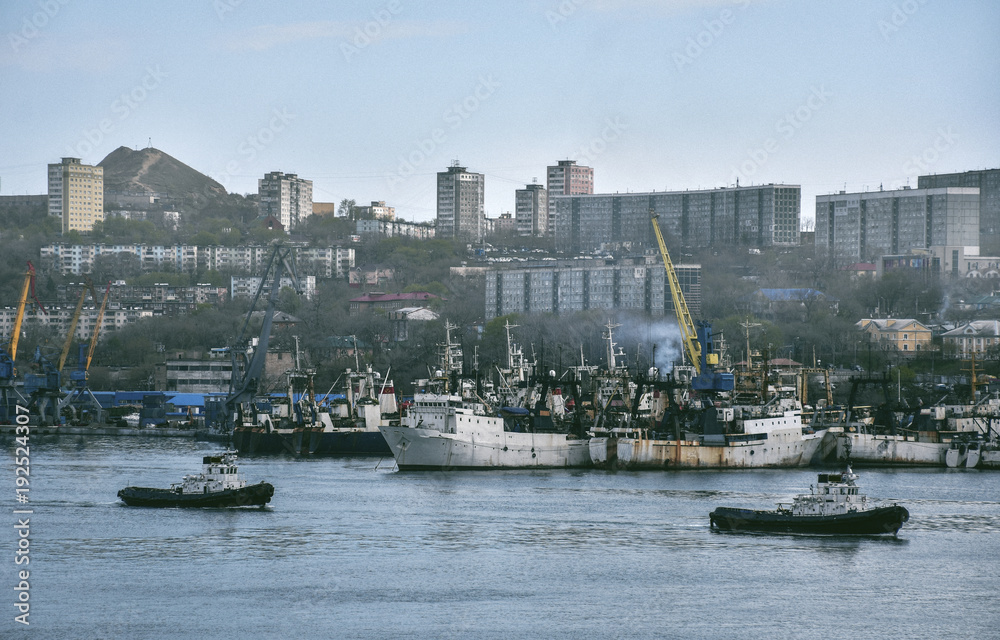 Port, Golden Horn Bay with ships in the background of the city of Vladivostok, Russia.