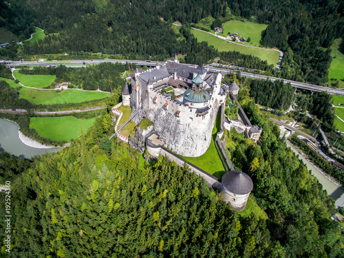 Festung Hohenwerfen. royal castle on a high mountain, a view of the valley between the Alps. View from above, Werfen. Burg Hohenwerfen
 photo