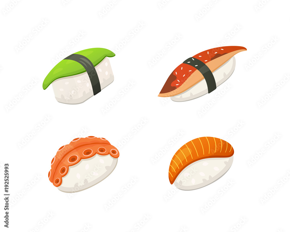 Naklejka premium Traditional japanese sushi and rolls. Asian seafood, restaurant delicious vector illustration.