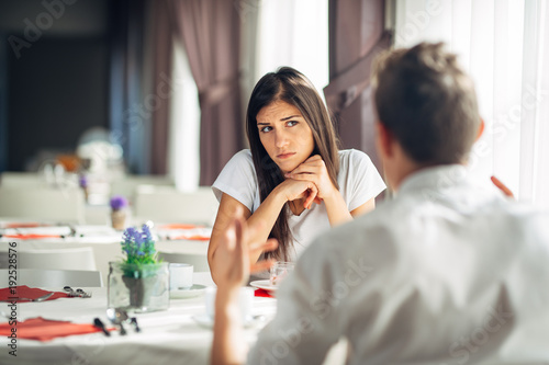 Worried woman doubting.Angry female despise partners actions,agitated person having relationship problems.Revealing the truth.Wandering,not listening conversation.Not convinced.First impression