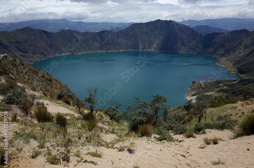 A view of Quilotoa Lake, an ancient volcano and starting point for the Quilotoa Loop hike