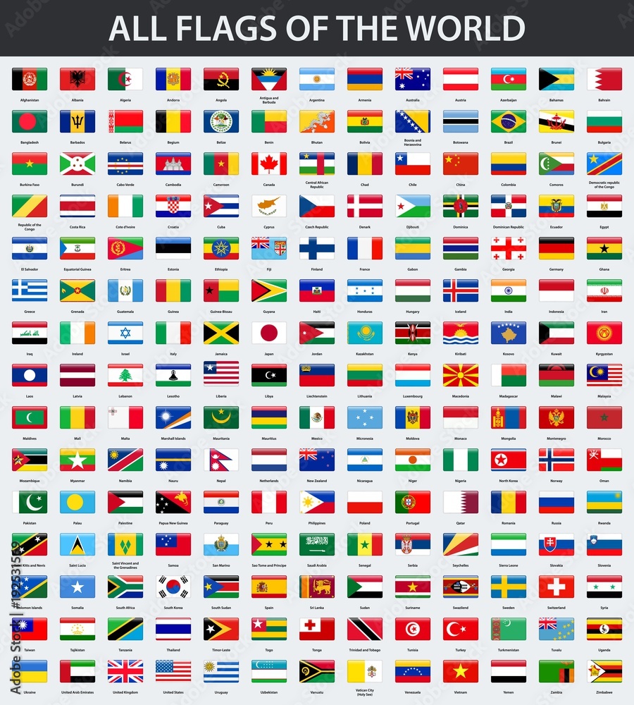 All flags of the world in alphabetical order. Rectangle glossy style ...